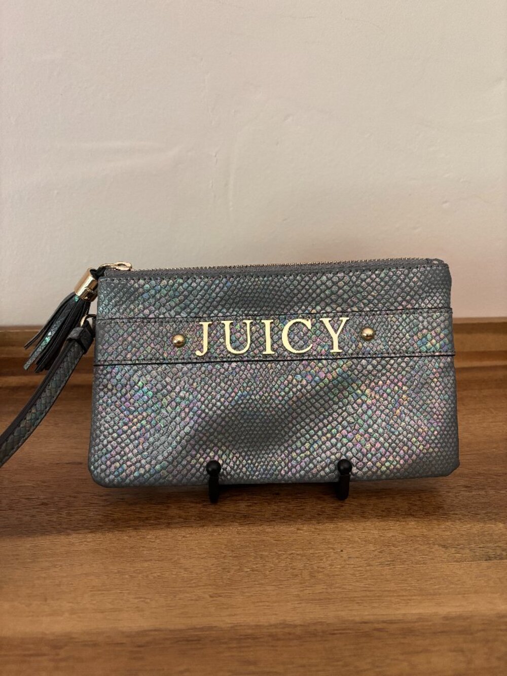 Juicy Couture Double Zipper Iridescent Gray Faux Python Wristlet Wallet Clutch